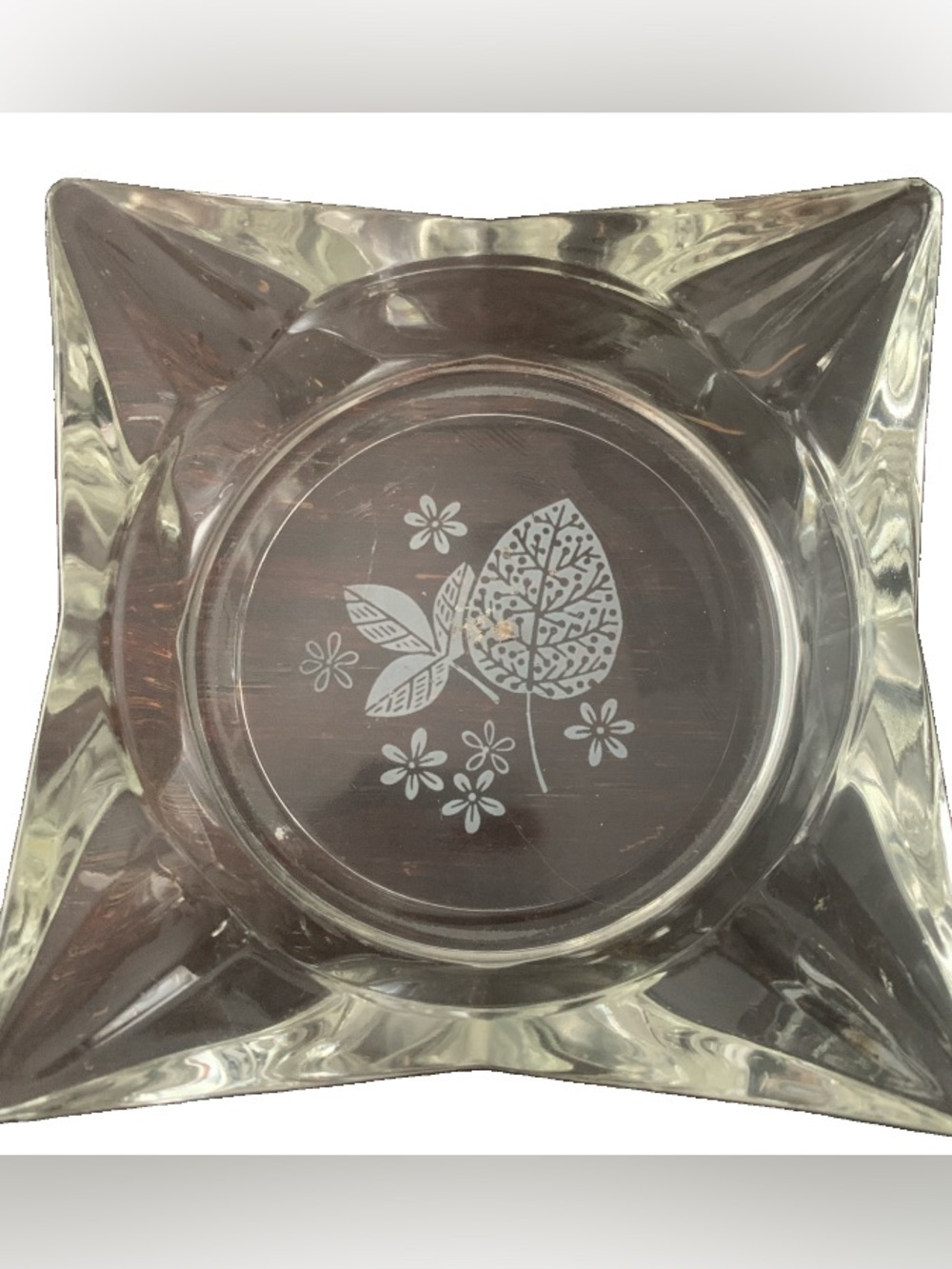 Vintage Ashtray Square Clear Glass Etched Floral Leaf Design 4 Position MCM